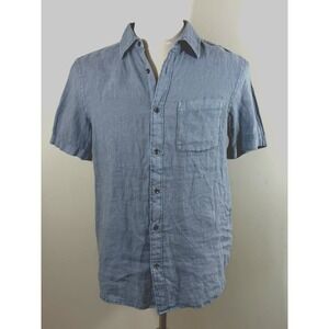 Thom Aaron 100% Linen Button Up Shirt Men Medium Blue Short Sleeve Coastal
